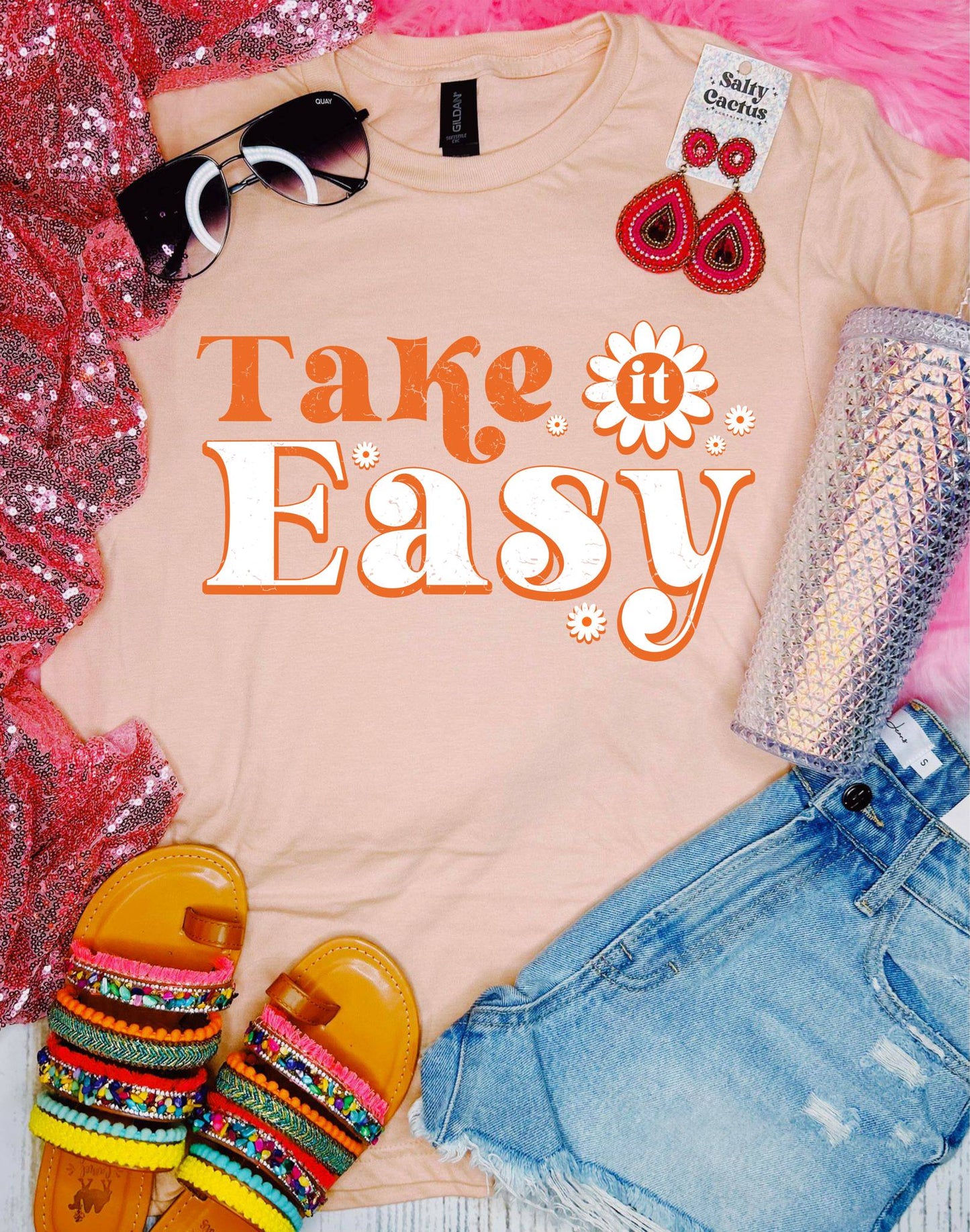 *DTF* Take It Easy Floral Retro Peach Tee