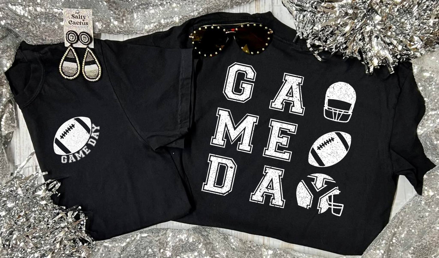 *DTF* Game Day Football FRONT POCKET AND BIG ON BACK Black Tee