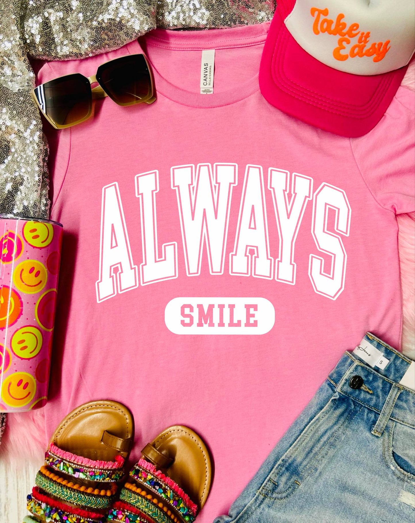 *DTF* Always Smile White Design On Pink Bella