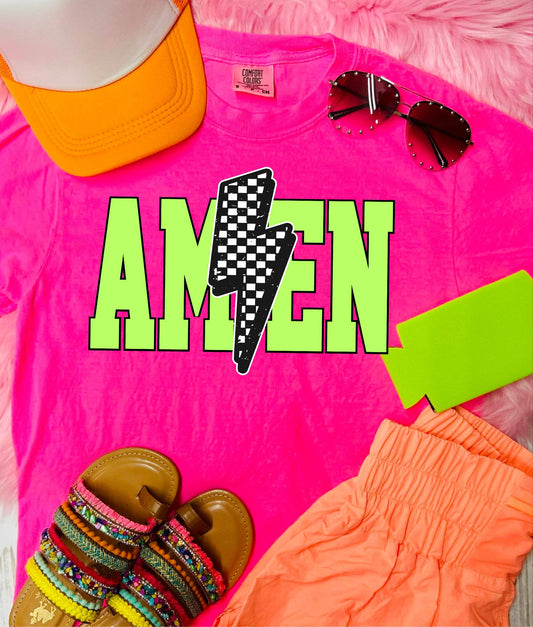 *DTF* Amen Checkered Bolt Neon Pink Comfort Color