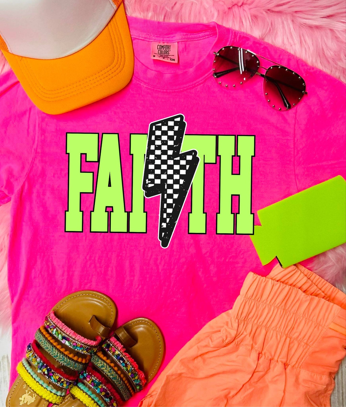 *DTF* Faith Checkered Bolt Neon Pink Comfort Color