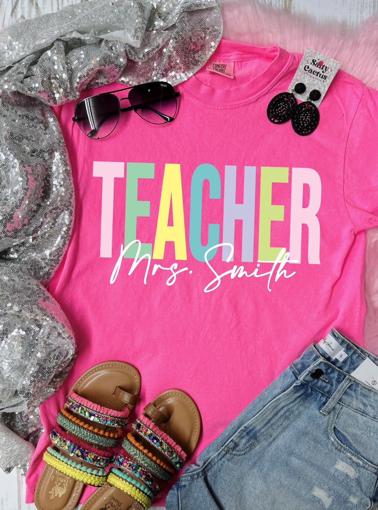 *DTF CUSTOM* Teacher Pastel Colors Neon Pink Comfort Color