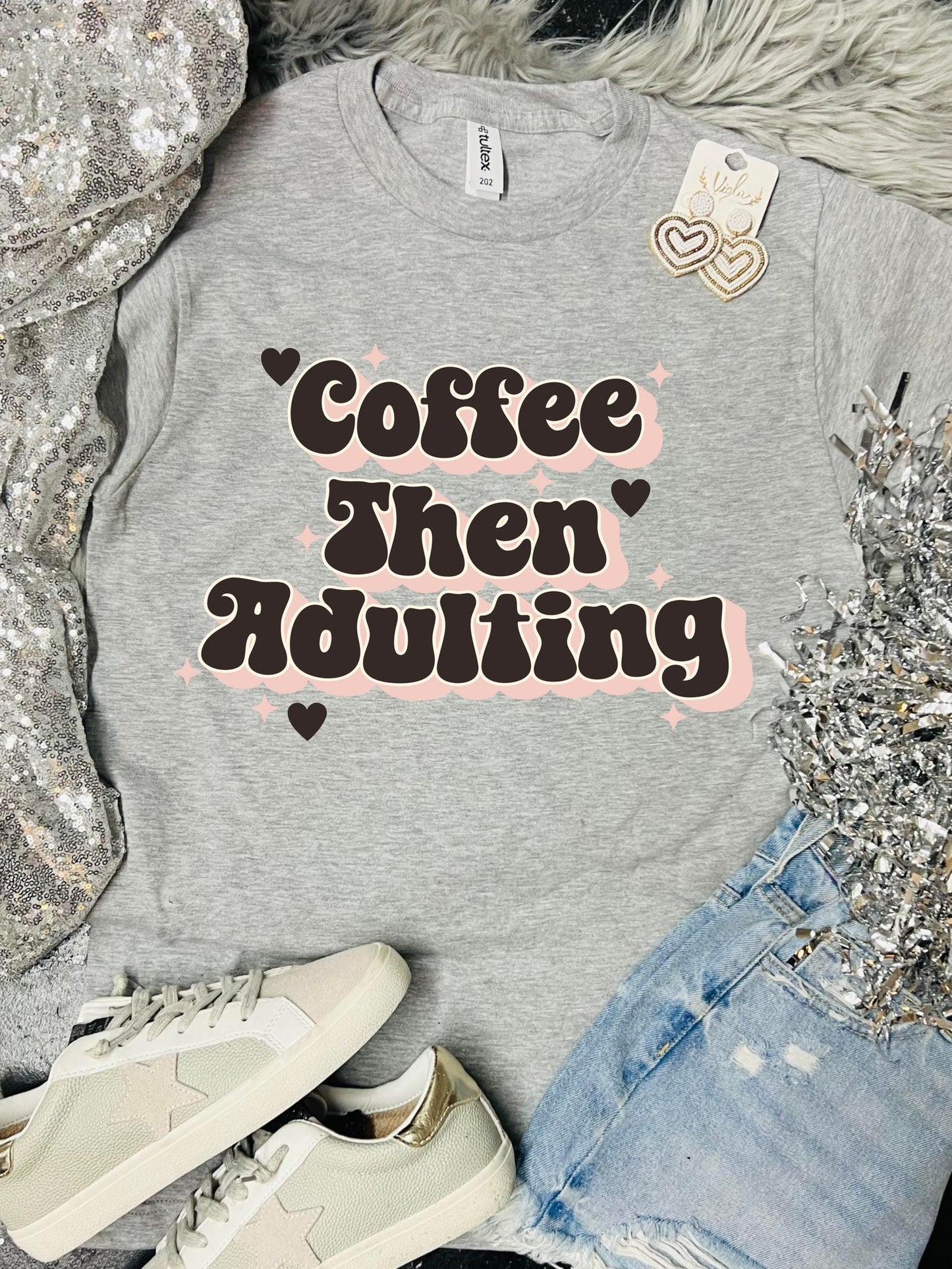 *DTF* Coffee Then Adulting Sport Grey Tultex Tee