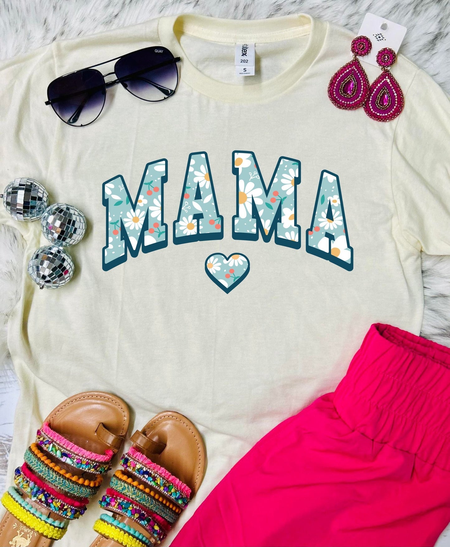 *DTF* Mama Blue Flowers Ivory Tultex Tee