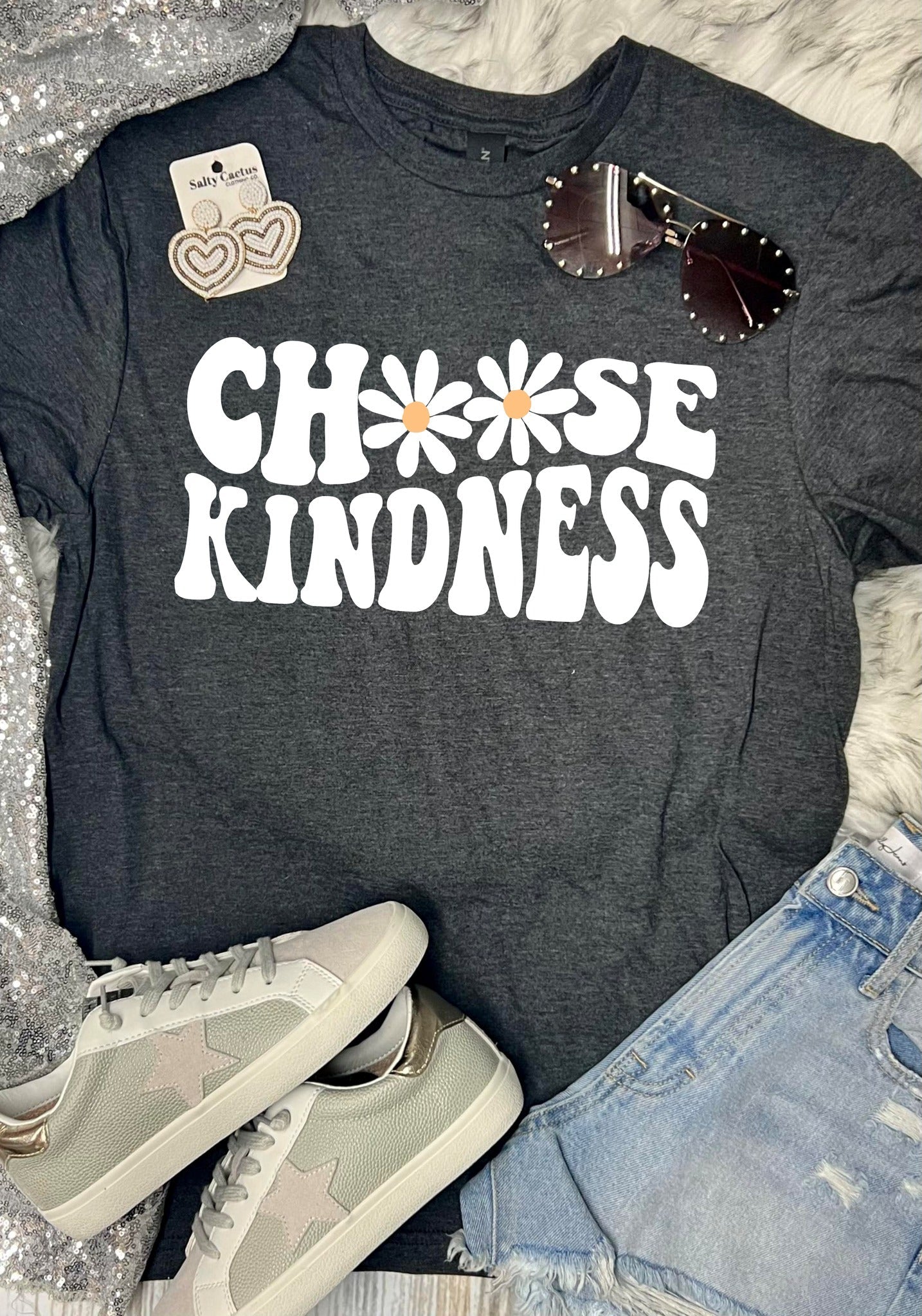 *DTF Choose Kindness Daisy Flower Dark Grey Tee