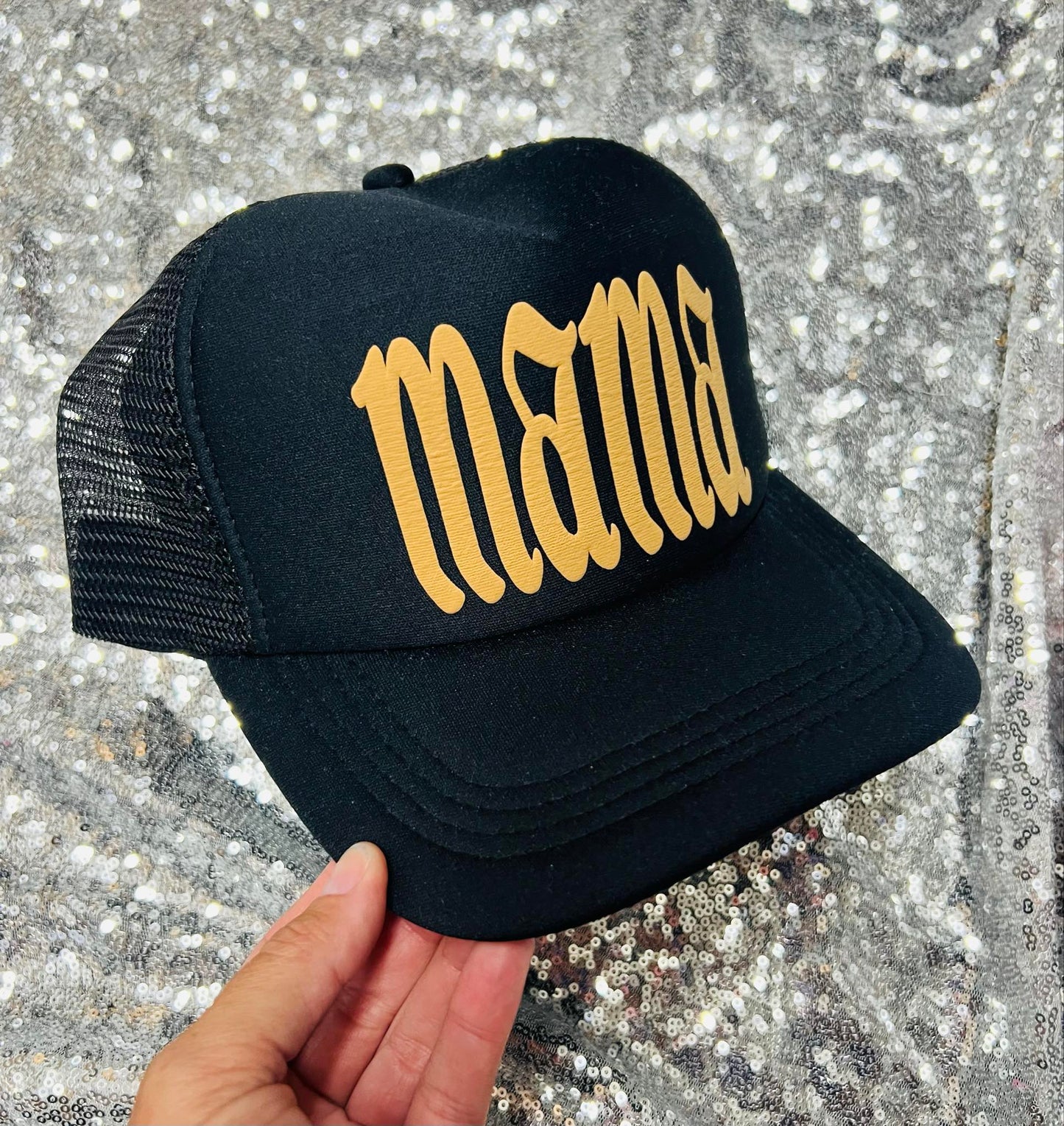 *TRUCKER HAT PUFF* Mama Boujee Design all Black Trucker