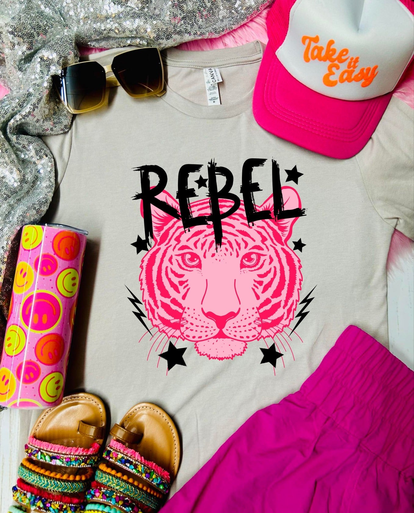 Rebel Pink Tiger Stars Tan Tee