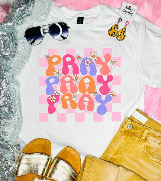 Pray Pink Checkered White Tee