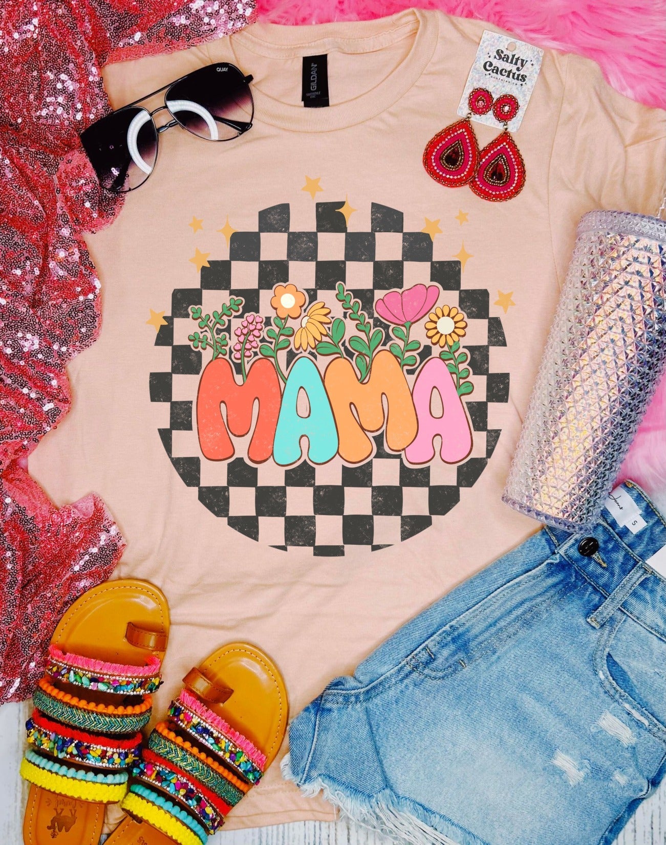 Flowers Checkered Mama Peach Tee