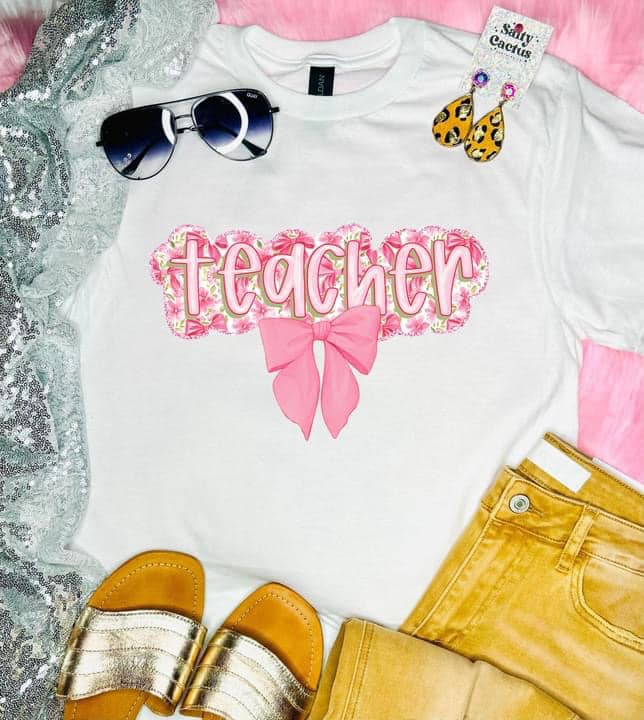 Teacher Bow Pink on White Tee