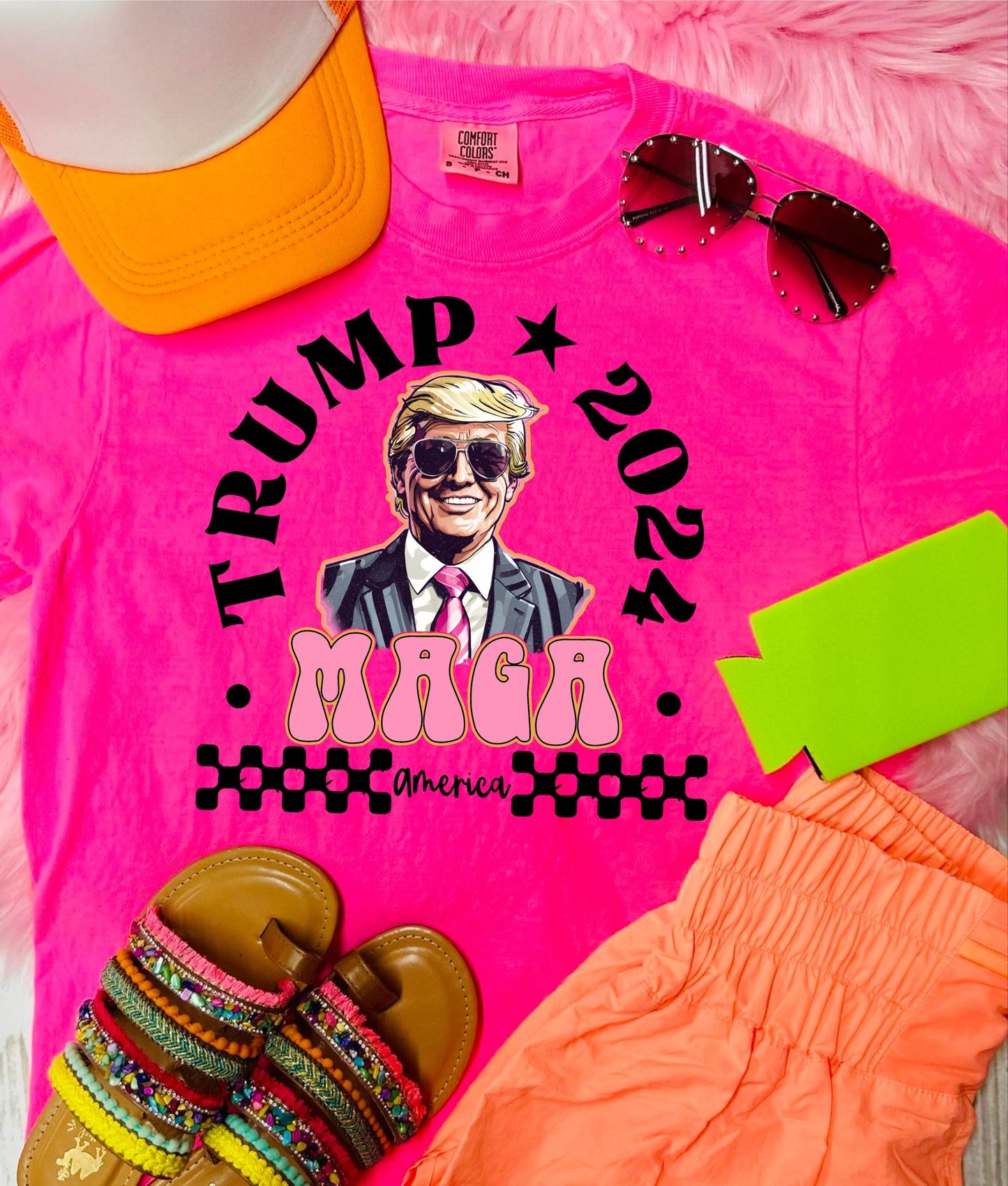 *DTF* 2024 Maga Checkered Neon Pink Comfort Color