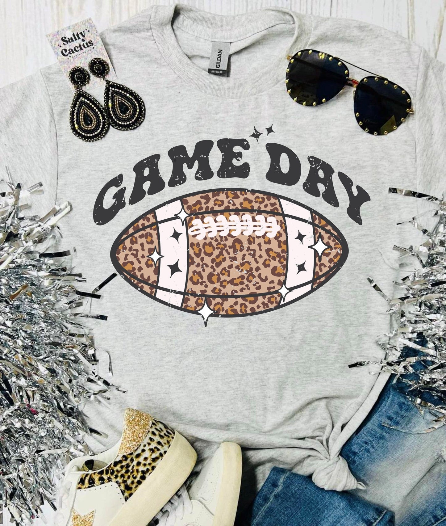 Game Day Retro Star Leopard Football Ash Grey Tee