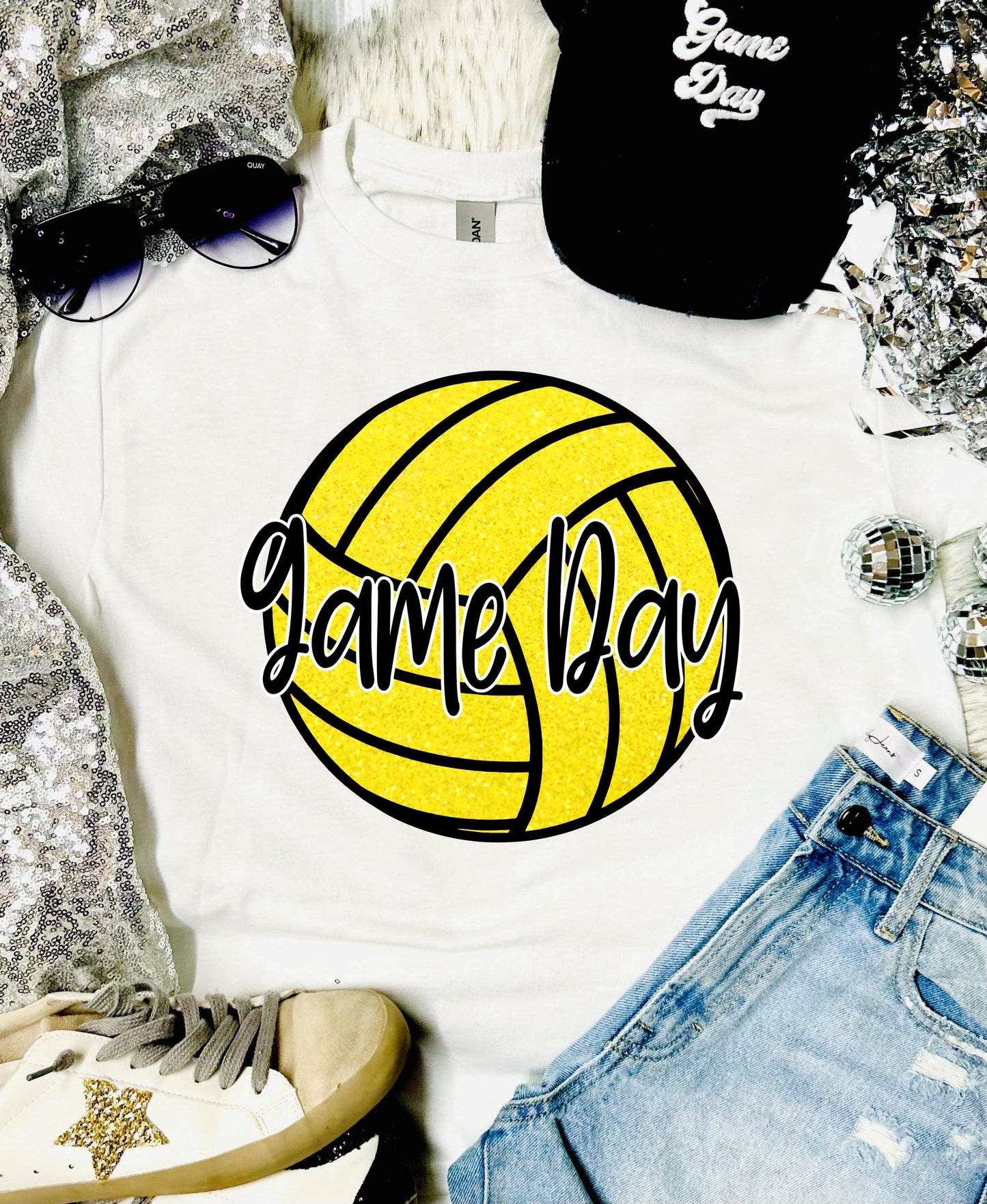 Glitter Volleyball Game Day White Tee