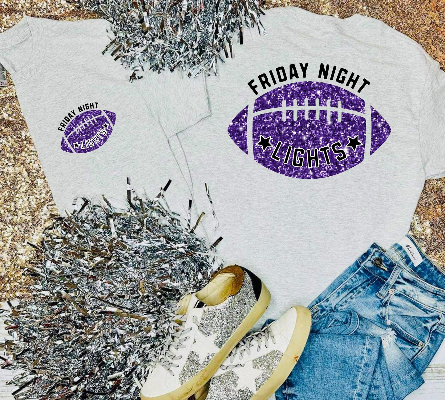 Friday Night Lights Football Glitter Design on Ash Grey Tee