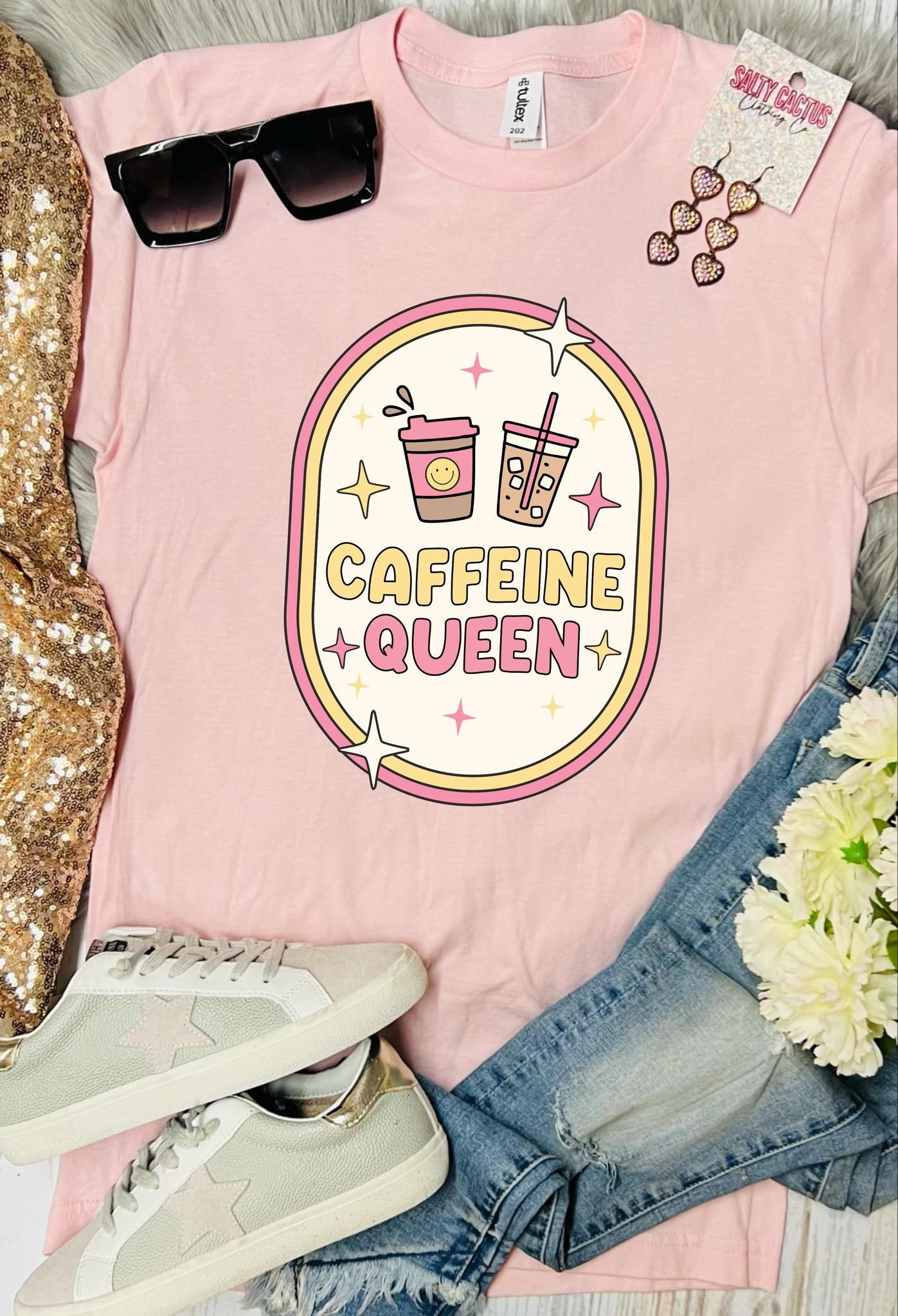 *DTF* Caffeine Queen Stars Baby Pink Tee