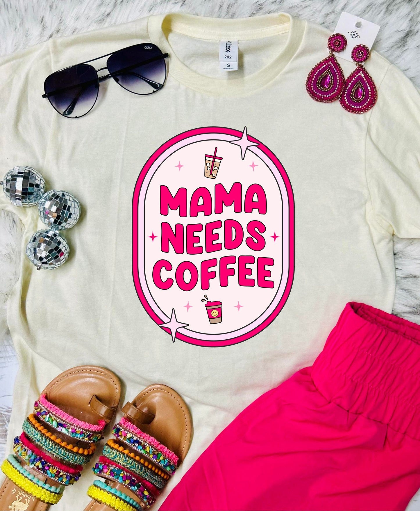 *DTF* Mama Needs Coffee Stars Natural Tultex Tee