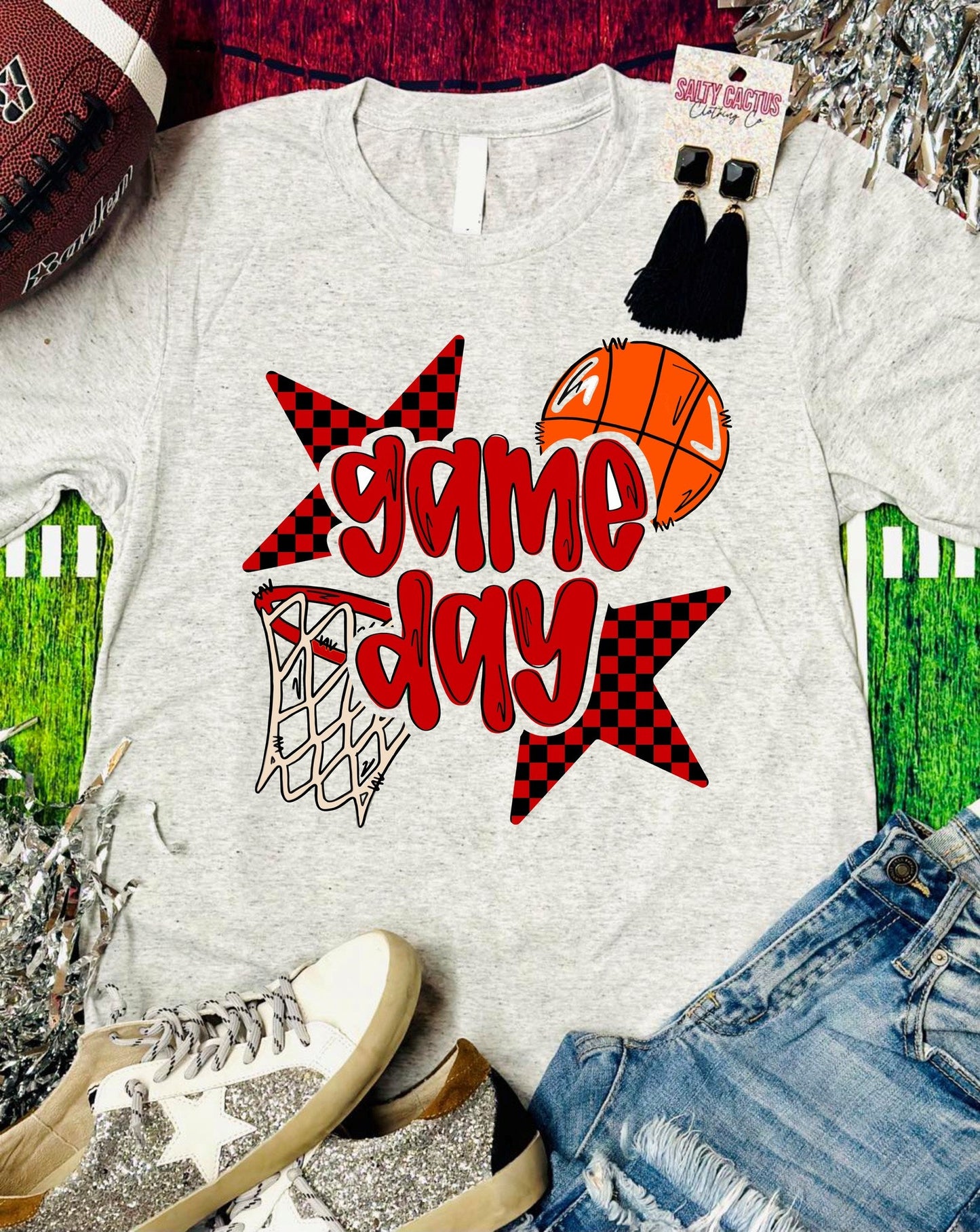 Basketball Game Day Checkered Star Ash Grey Tee