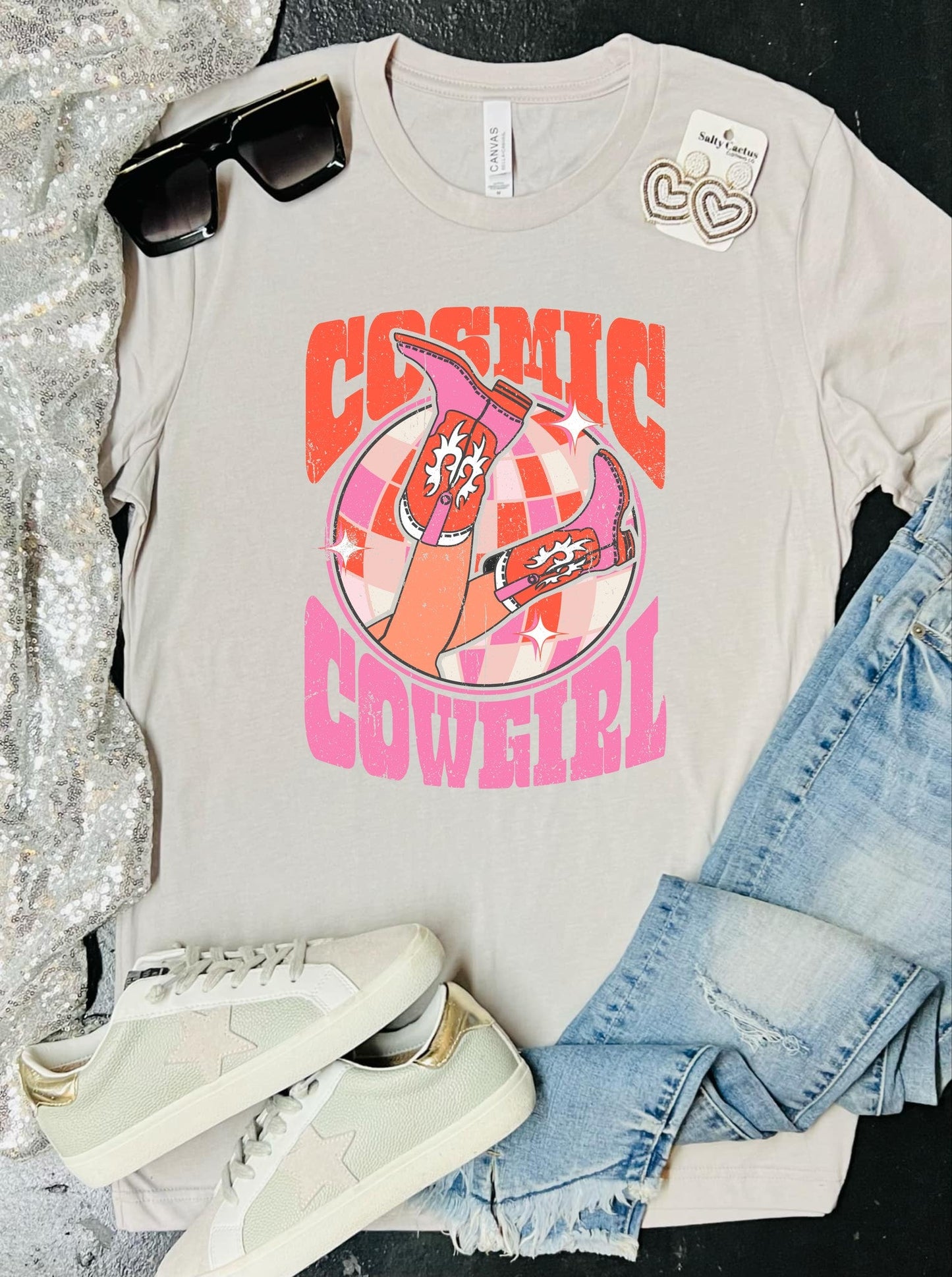 Cosmic Cowgirl Neon on Tan Tee