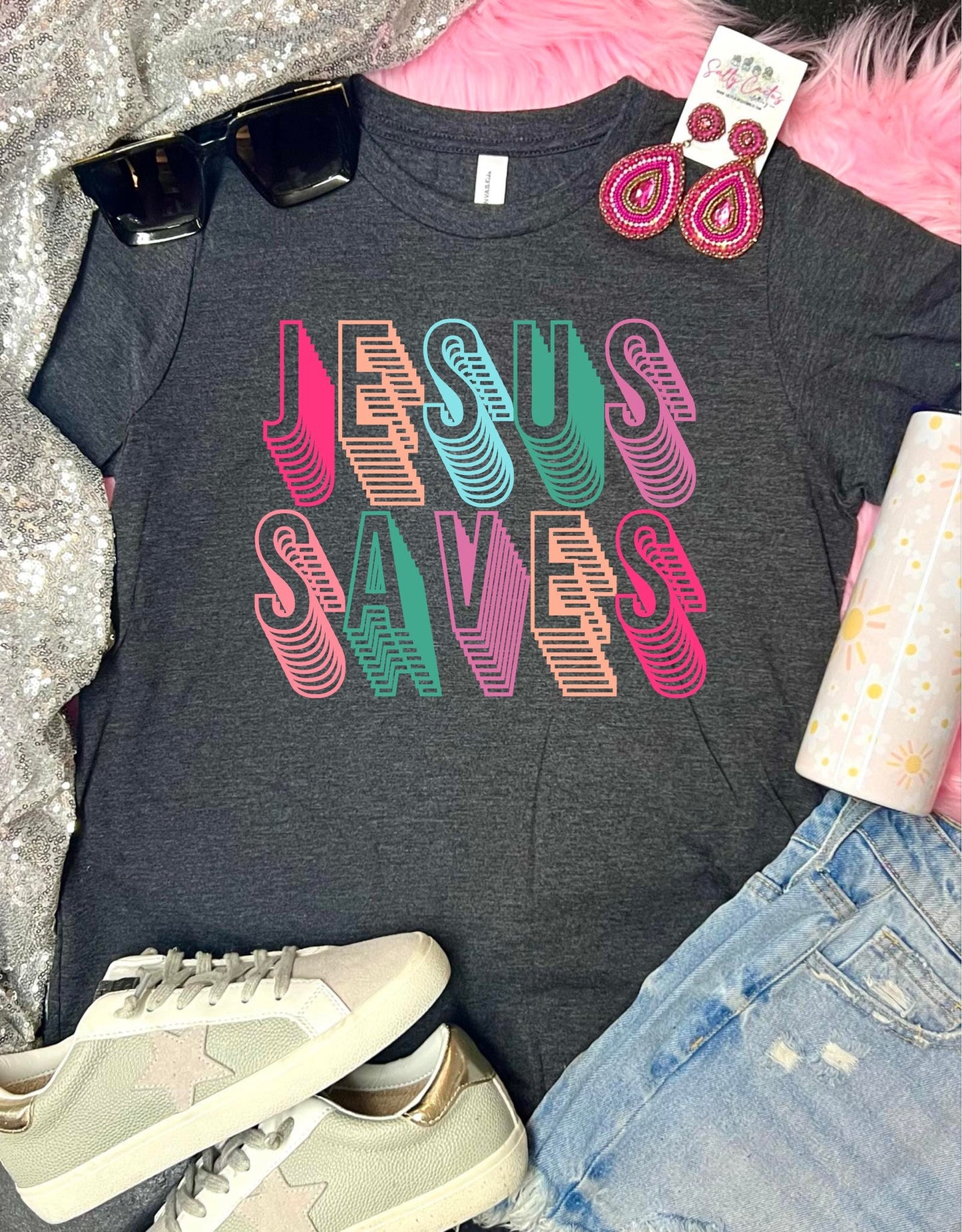 *DTF* Colorful Retro Jesus Saves Dark Grey Tee