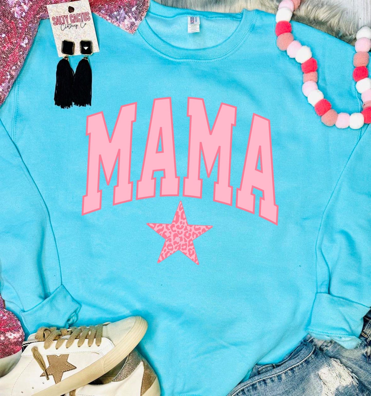 *DTF* Pink Leopard Star Mama Aqua Blue Sweatshirt