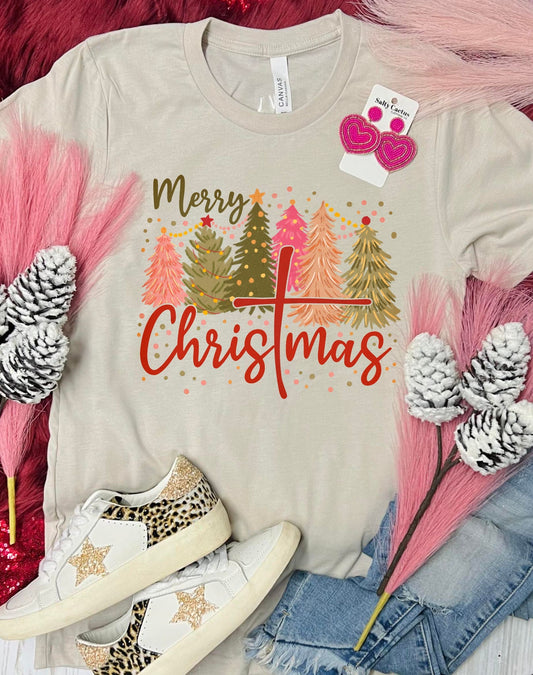 Merry Christmas Trees Cross Tan Tee