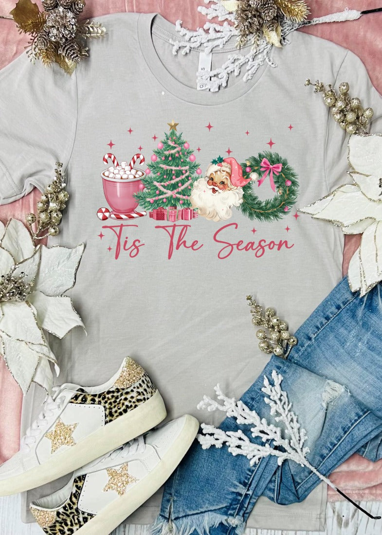 Tis The Season Trees Santa Stone Grey Tee