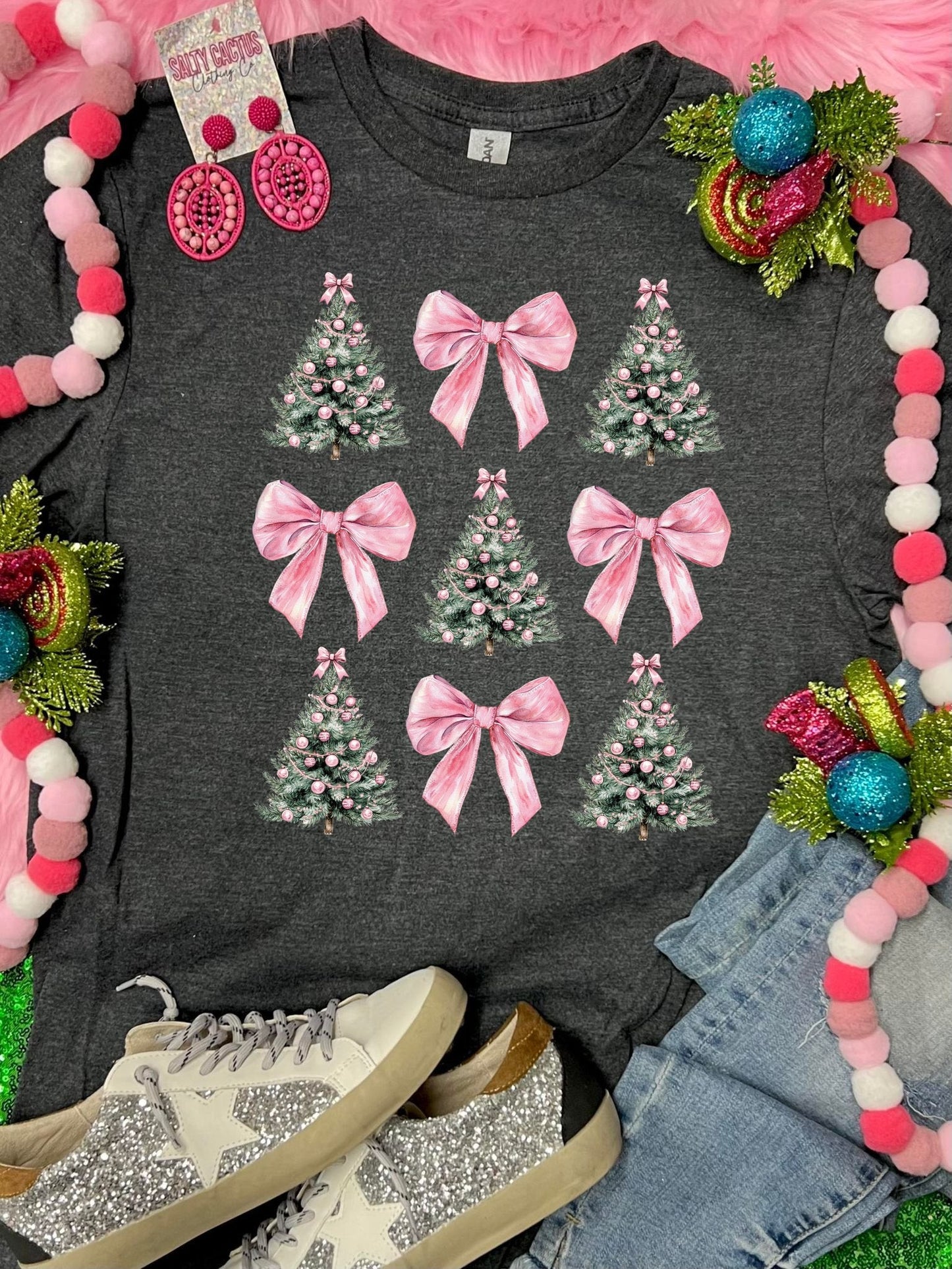 *DTF* Christmas Trees Pink Bow Dark Grey Tee