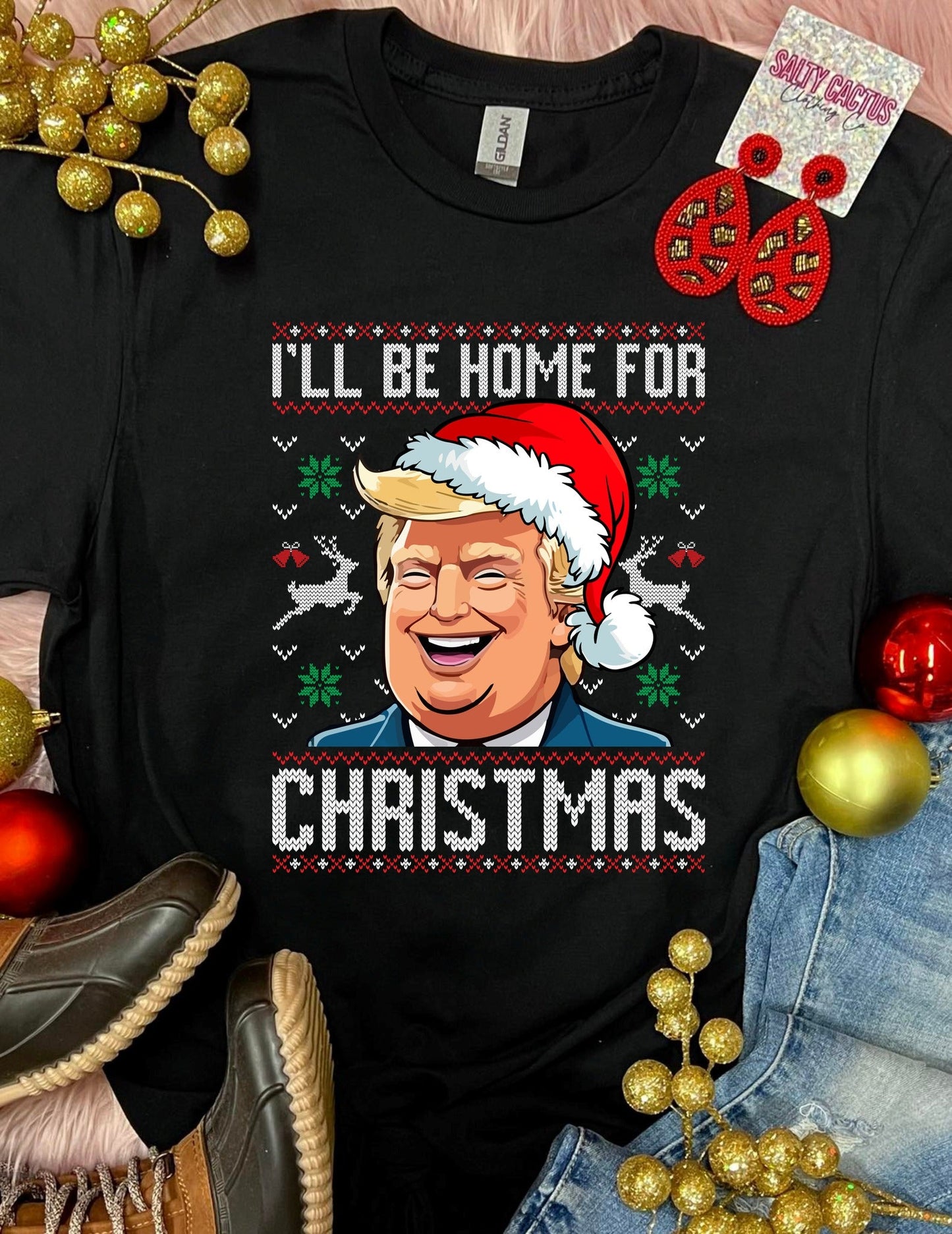 *DTF* Ugly Sweater I'll Be Home For Christmas Black Tee