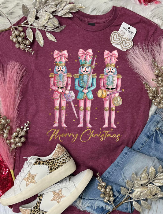 *DTF* Glitter Nutcracker Pink Christmas Maroon Tee