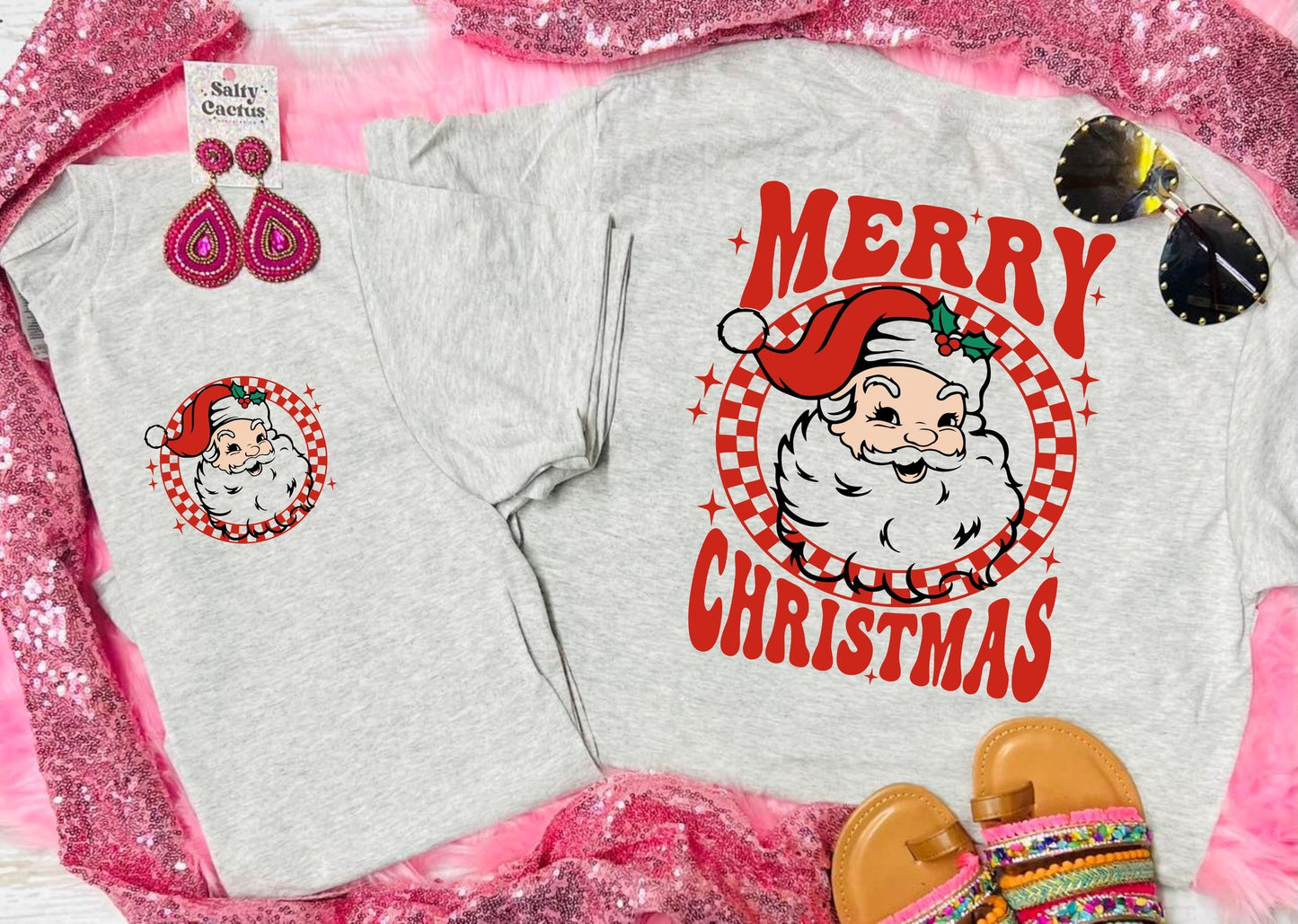 Merry Christmas Santa Front Pocket and Big On Back Ash Grey Tee