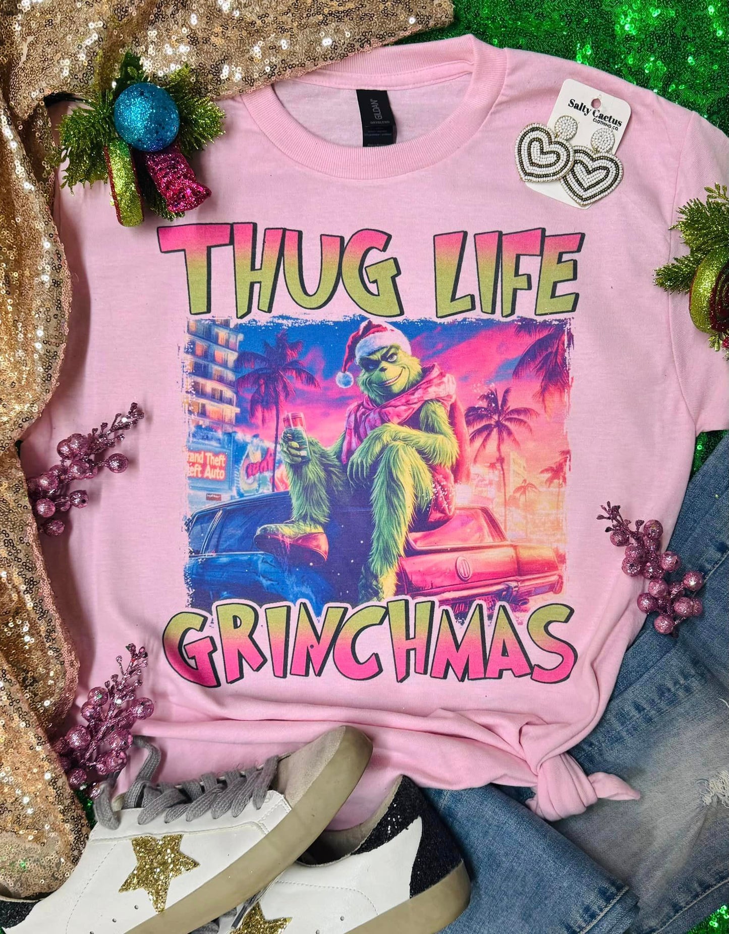 Thug Life Grinchmas Baby Pink Gildan Tee