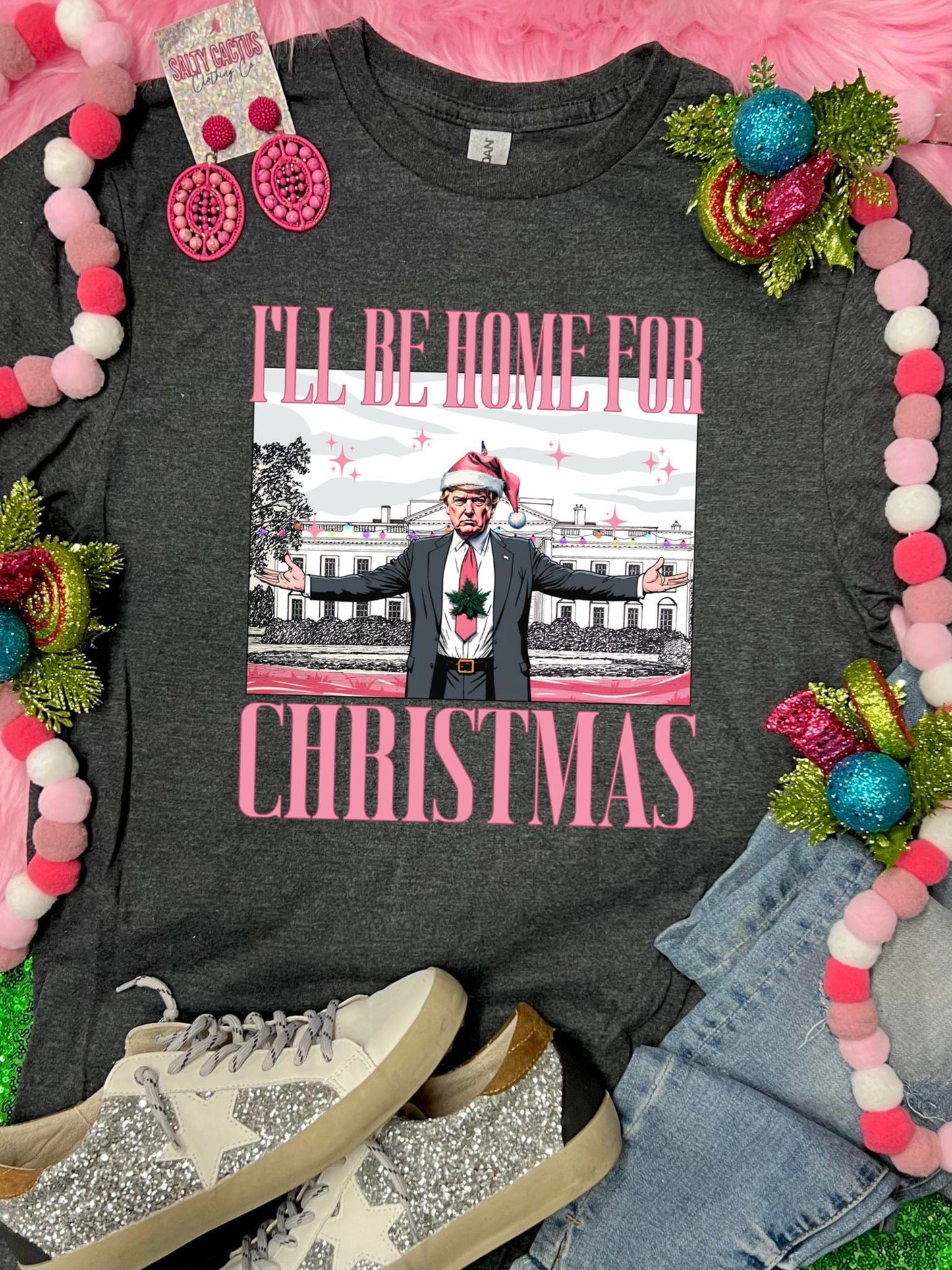 *DTF* T I'll Be Home For Christmas Pink Dark Grey Tee