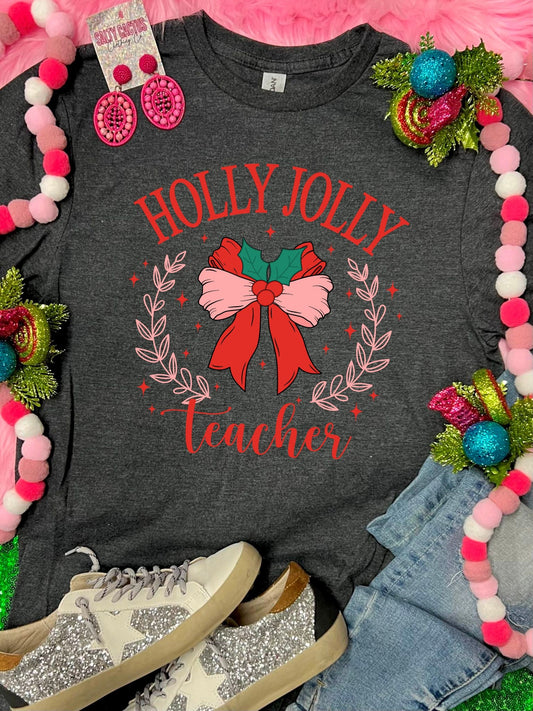 *DTF* Holly Jolly Red Teacher Dark Grey Tee