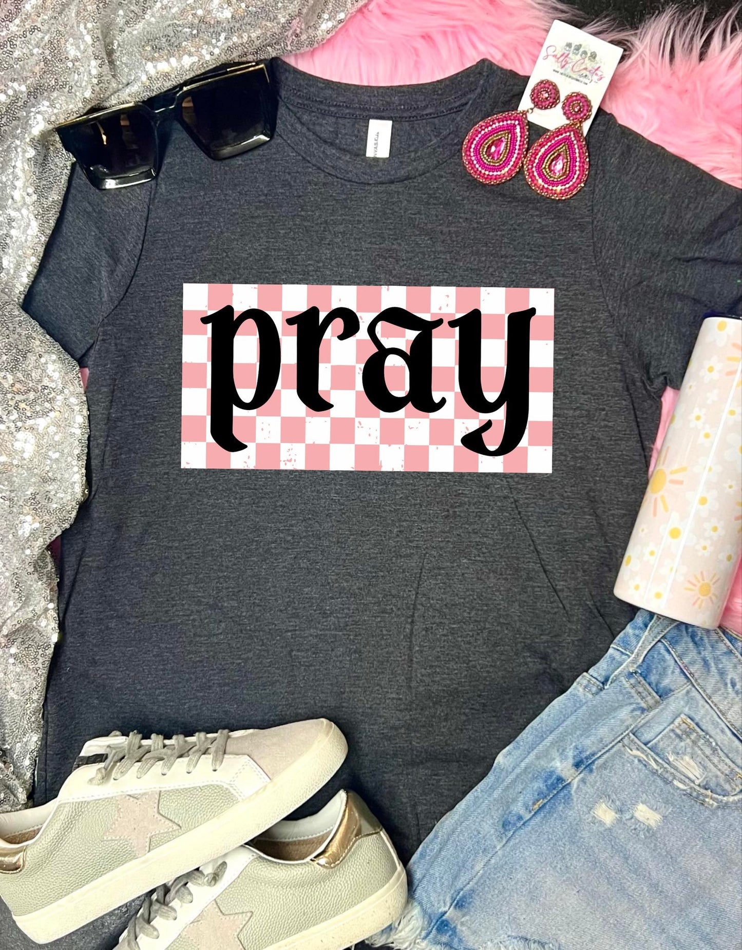 *DTF CUSTOM* White Pink Checkered Square Dark Grey Tee