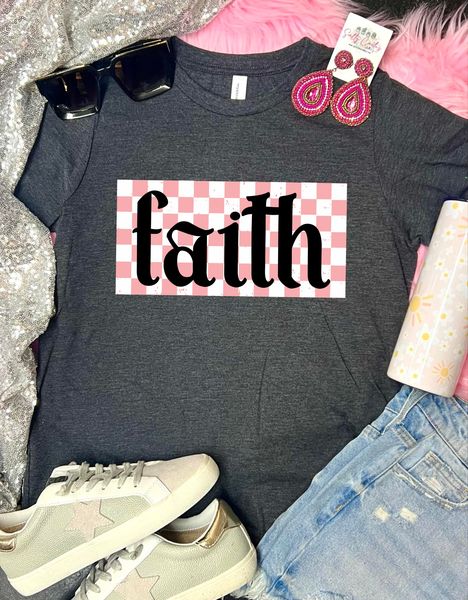 *DTF CUSTOM* White Pink Checkered Square Dark Grey Tee