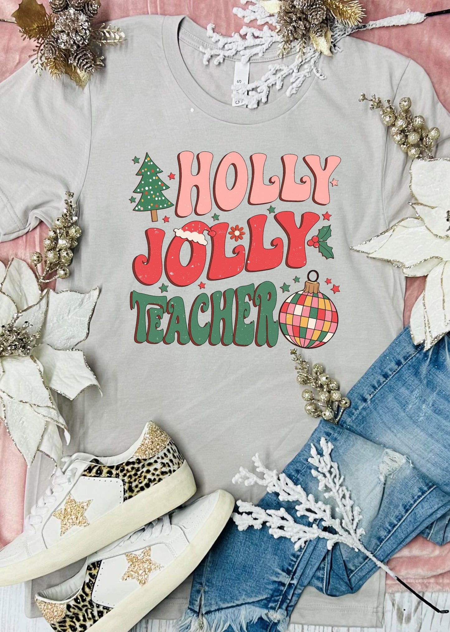 Holly Jolly Teacher Disco Stone Grey Tee