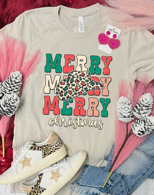 Merry Merry Christmas Cowboy Hat Tan Tee