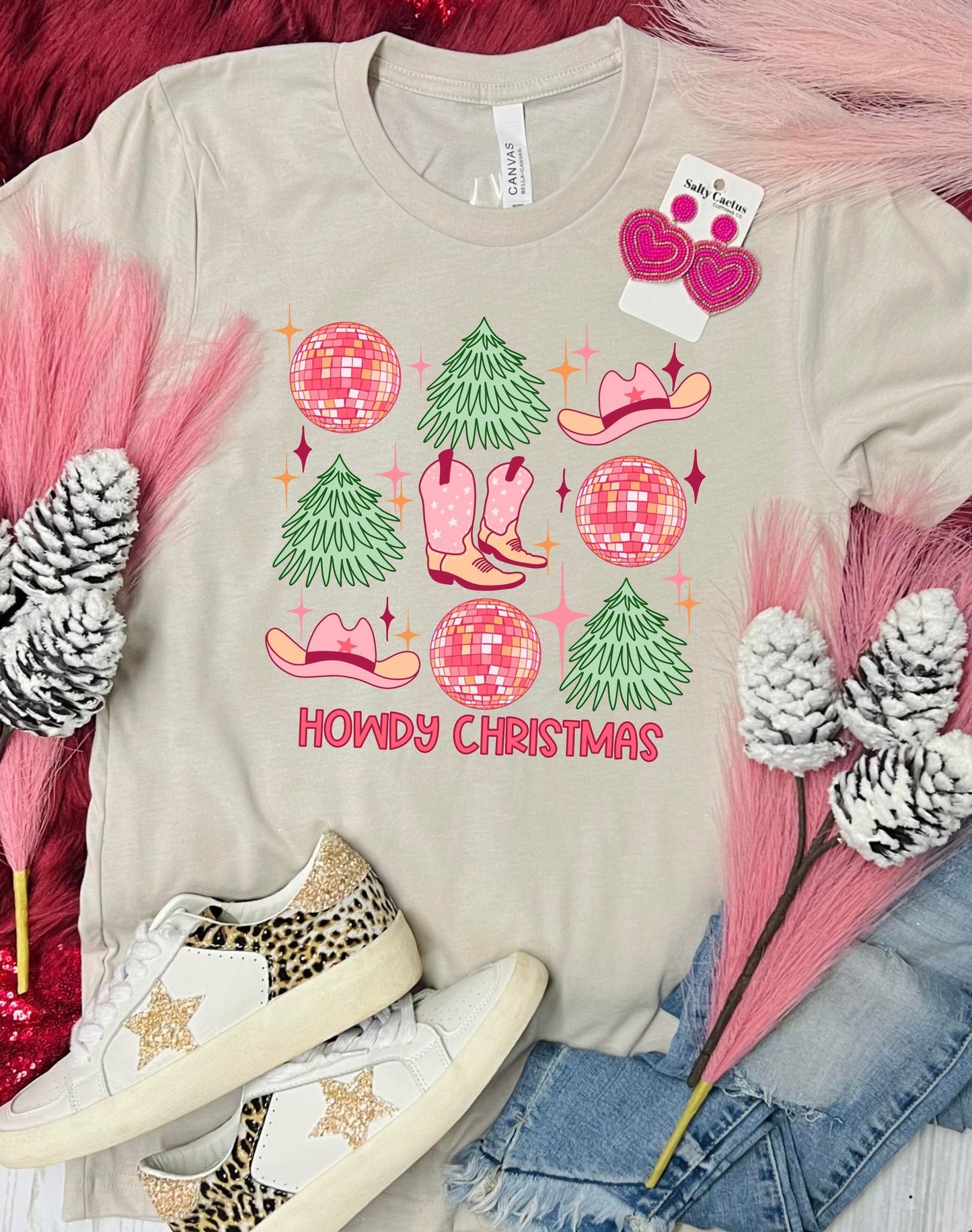 Howdy Christmas Disco Balls Tan Tee