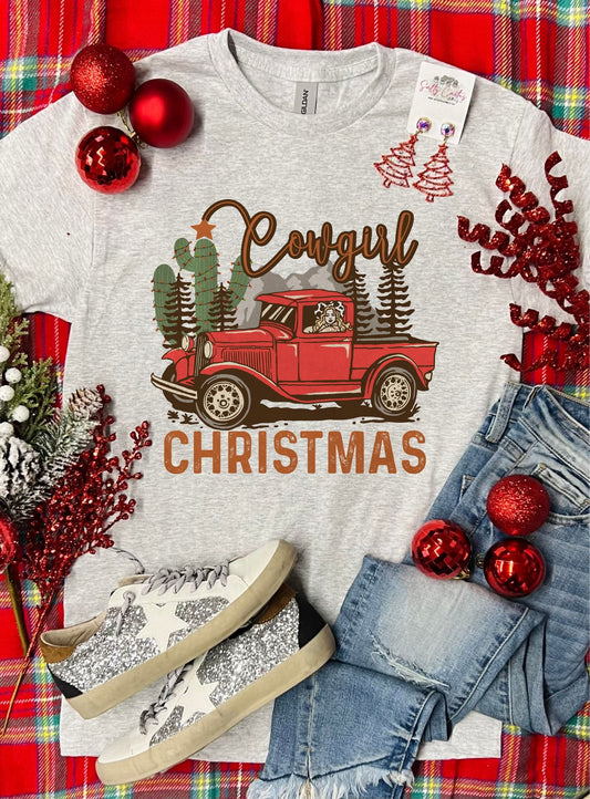 Cowgirl Christmas Red Truck Ash Grey Tee