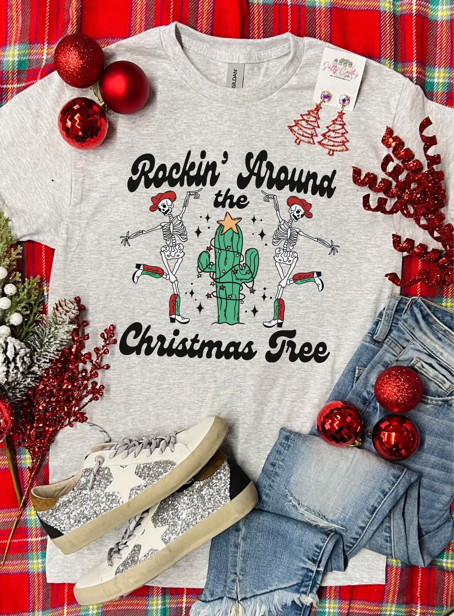 Rockin Around the Christmas Tree Western Skeleton Ash Grey Tee