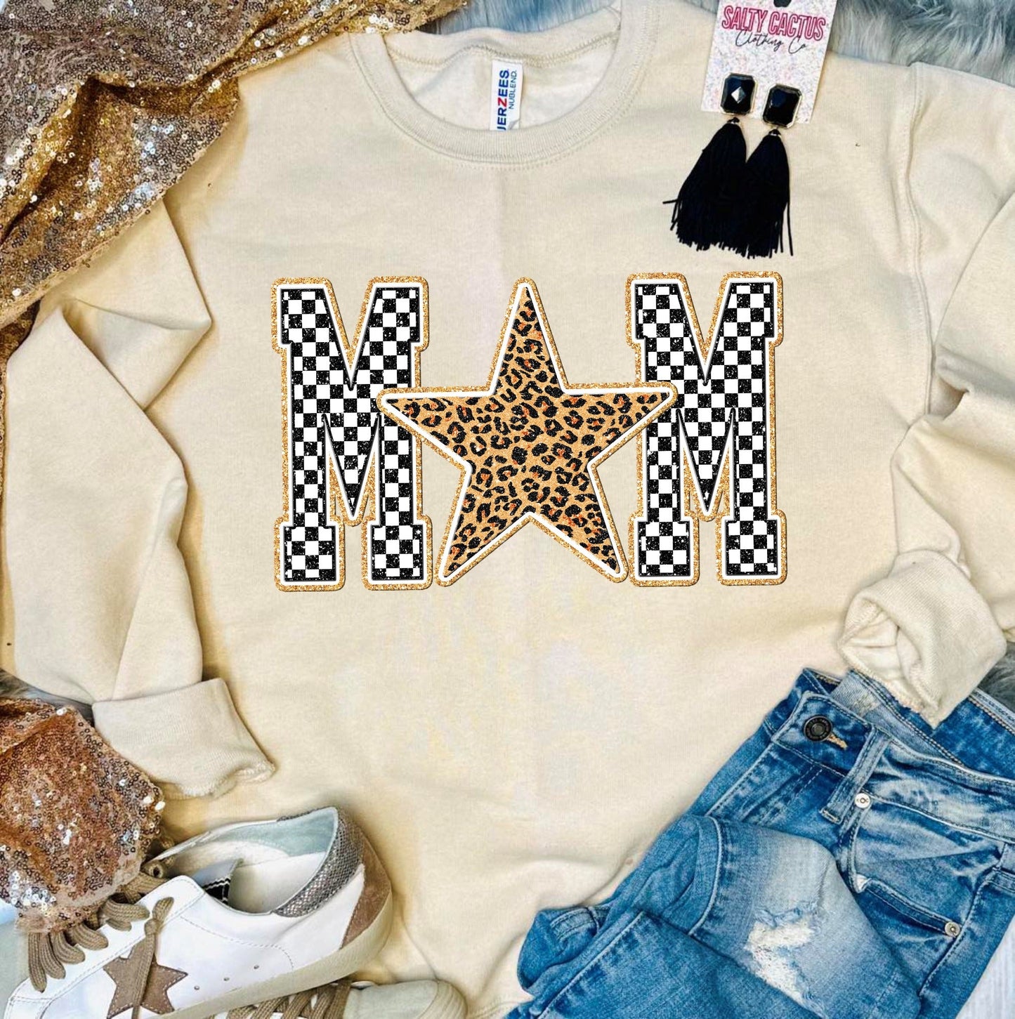 *DTF* Mom Checkered Leopard Star Tan Sweatshirt