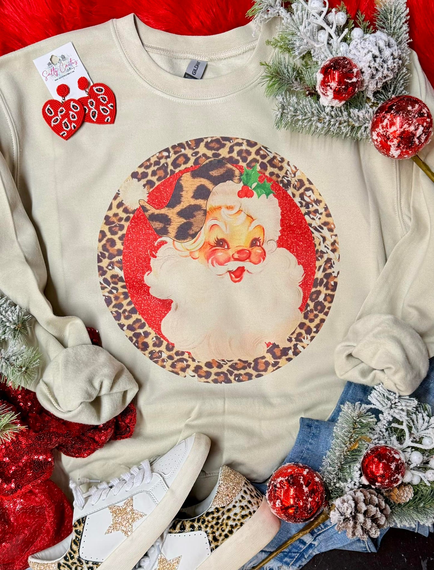 Santa Leopard Circle Tan Sweatshirt