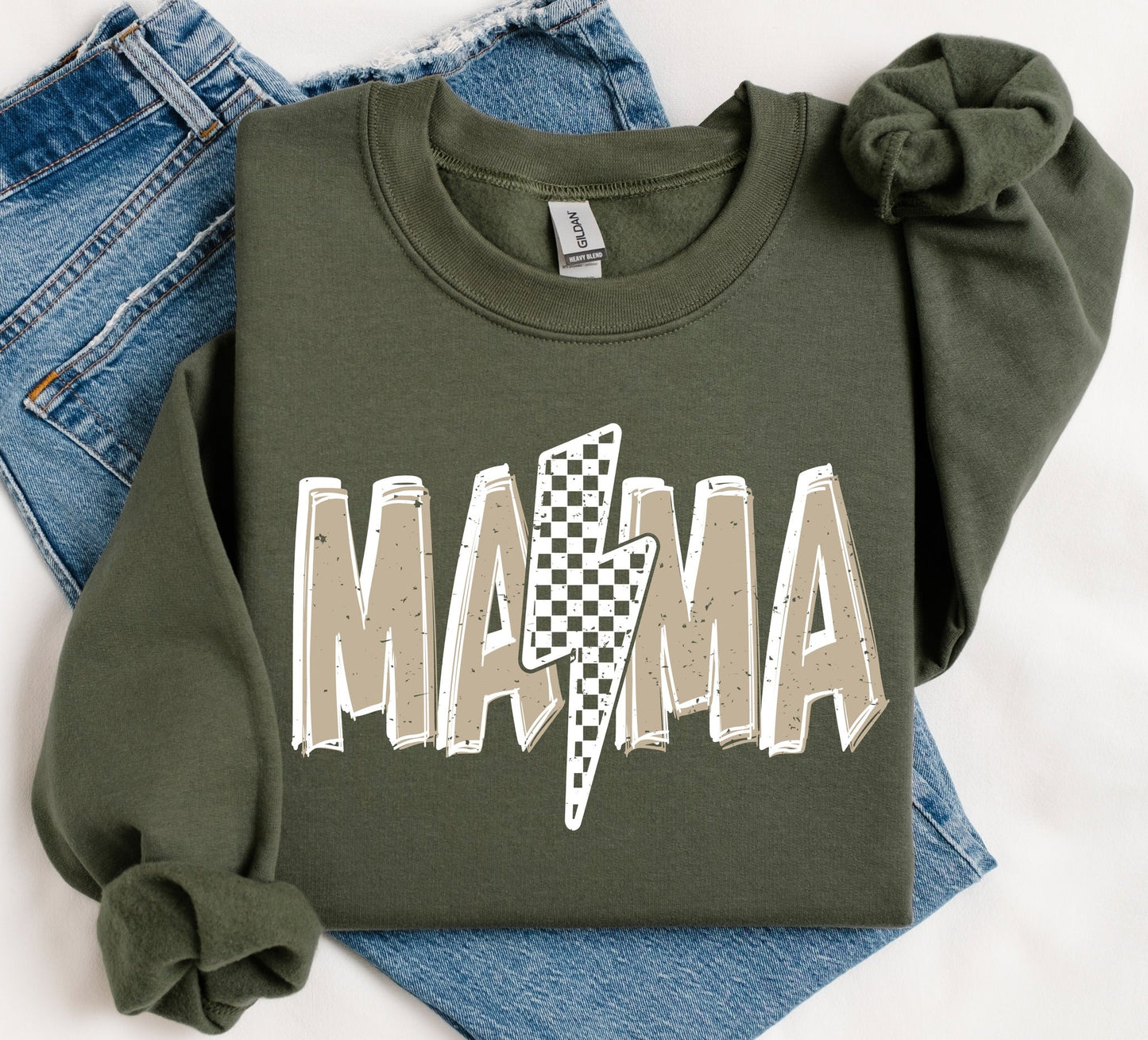 *DTF* Mama Neutral Lightning Bolt Military Green Sweatshirt