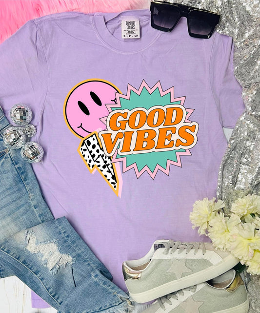 *DTF* Good Vibes Smiley Bolt Orchid Comfort Color