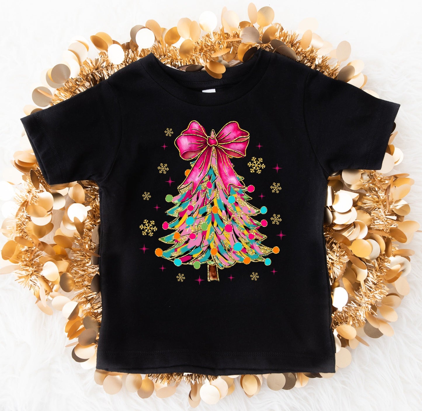 *DTF* Neon Colored Christmas Tree Black Tee