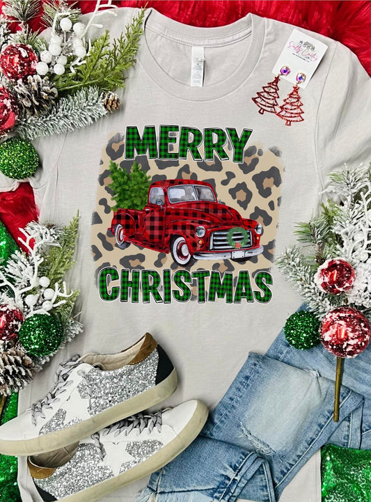 Merry Christmas Red Truck Leopard Tan Tee