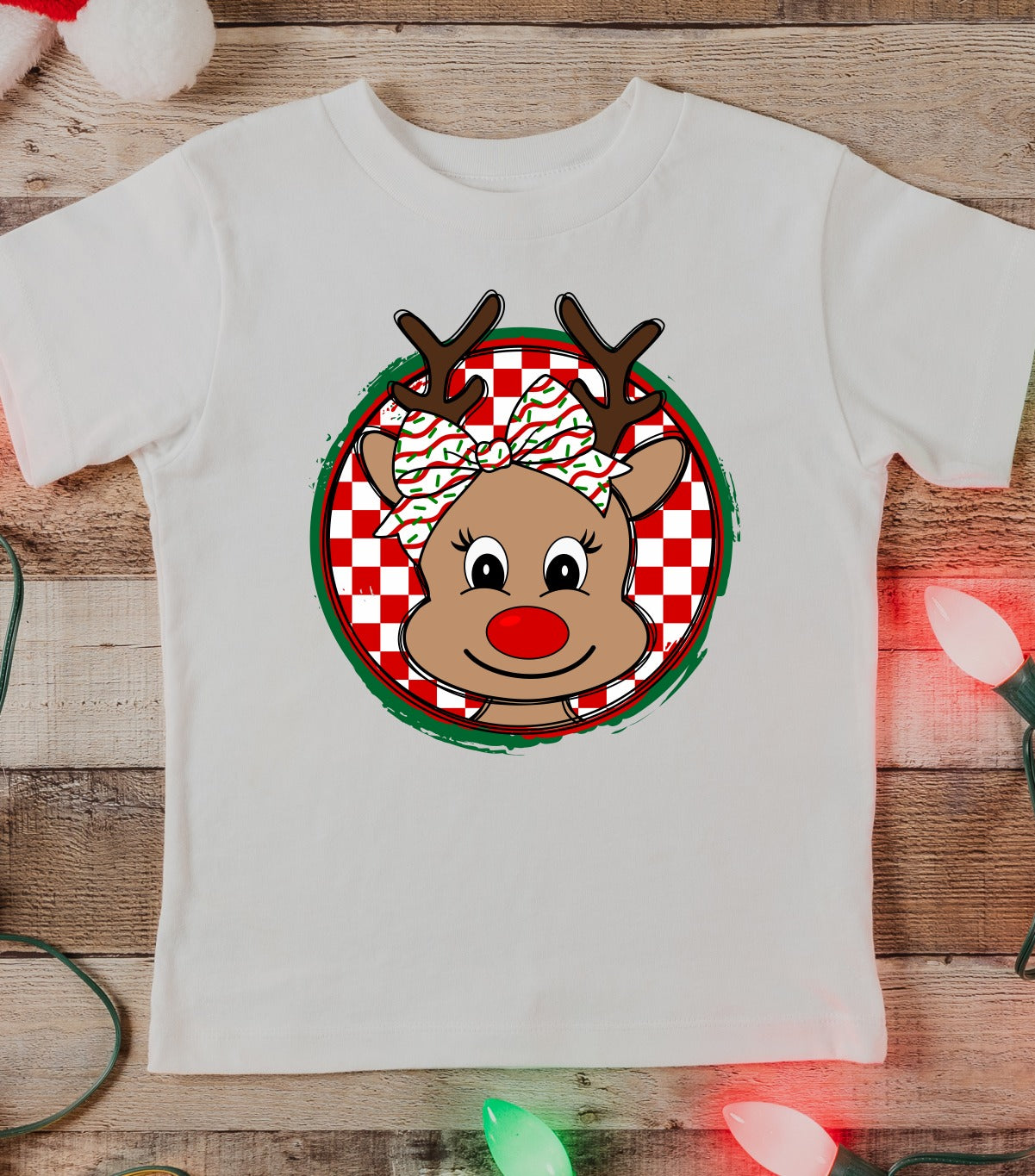 *DTF* Girl Checkered Reindeer Tan Tee\