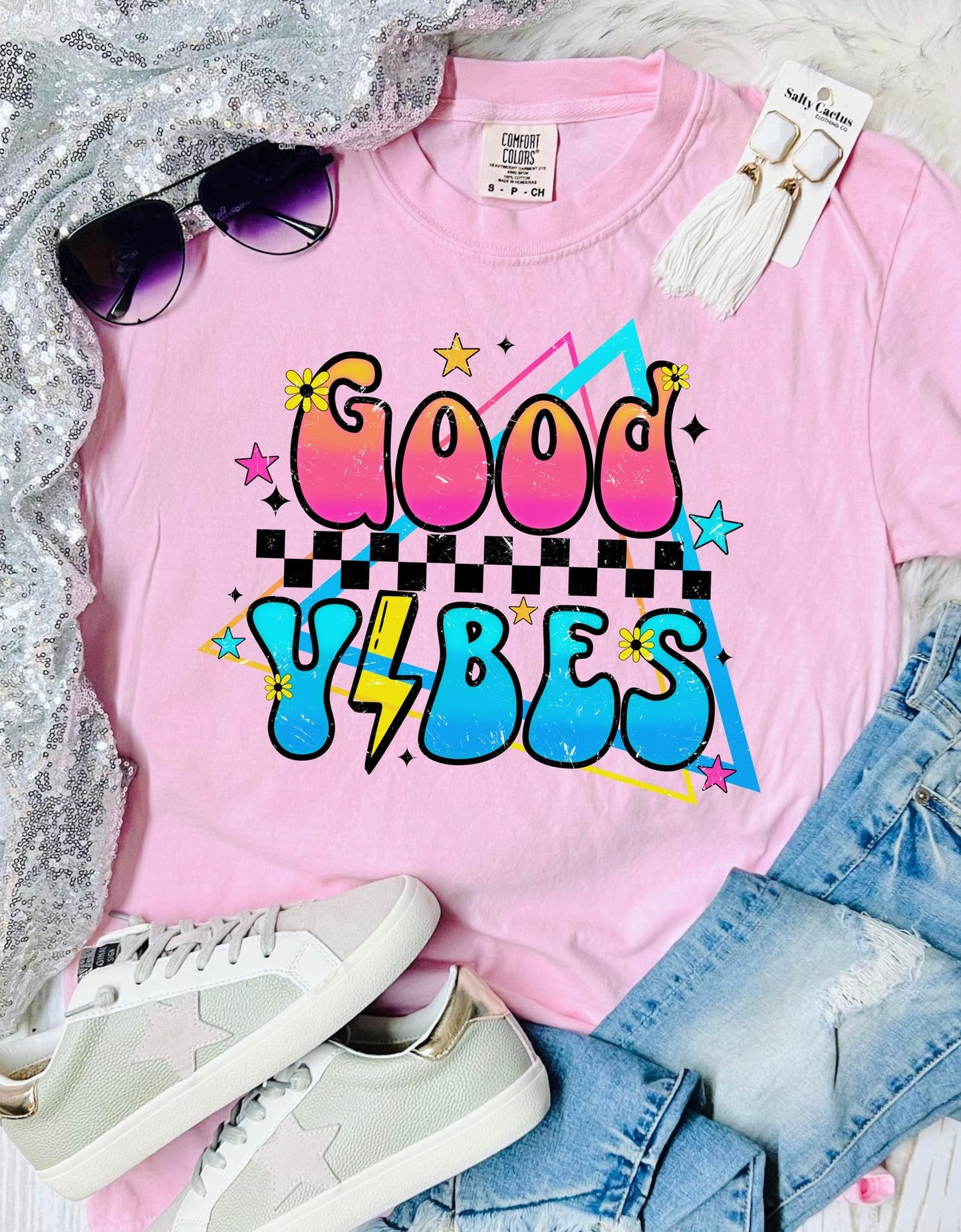 *DTF* Good Vibes Retro Pink and Blue on Blossom Comfort Color