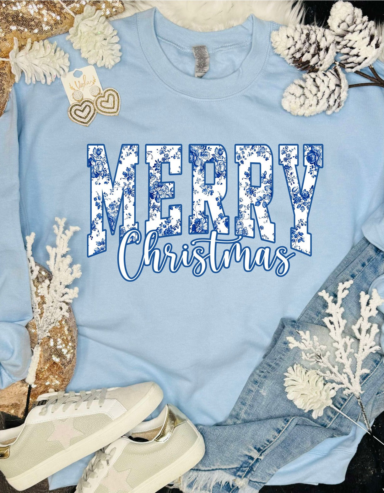 *DTF* Merry Christmas Blue Flowers Baby Blue Sweatshirt