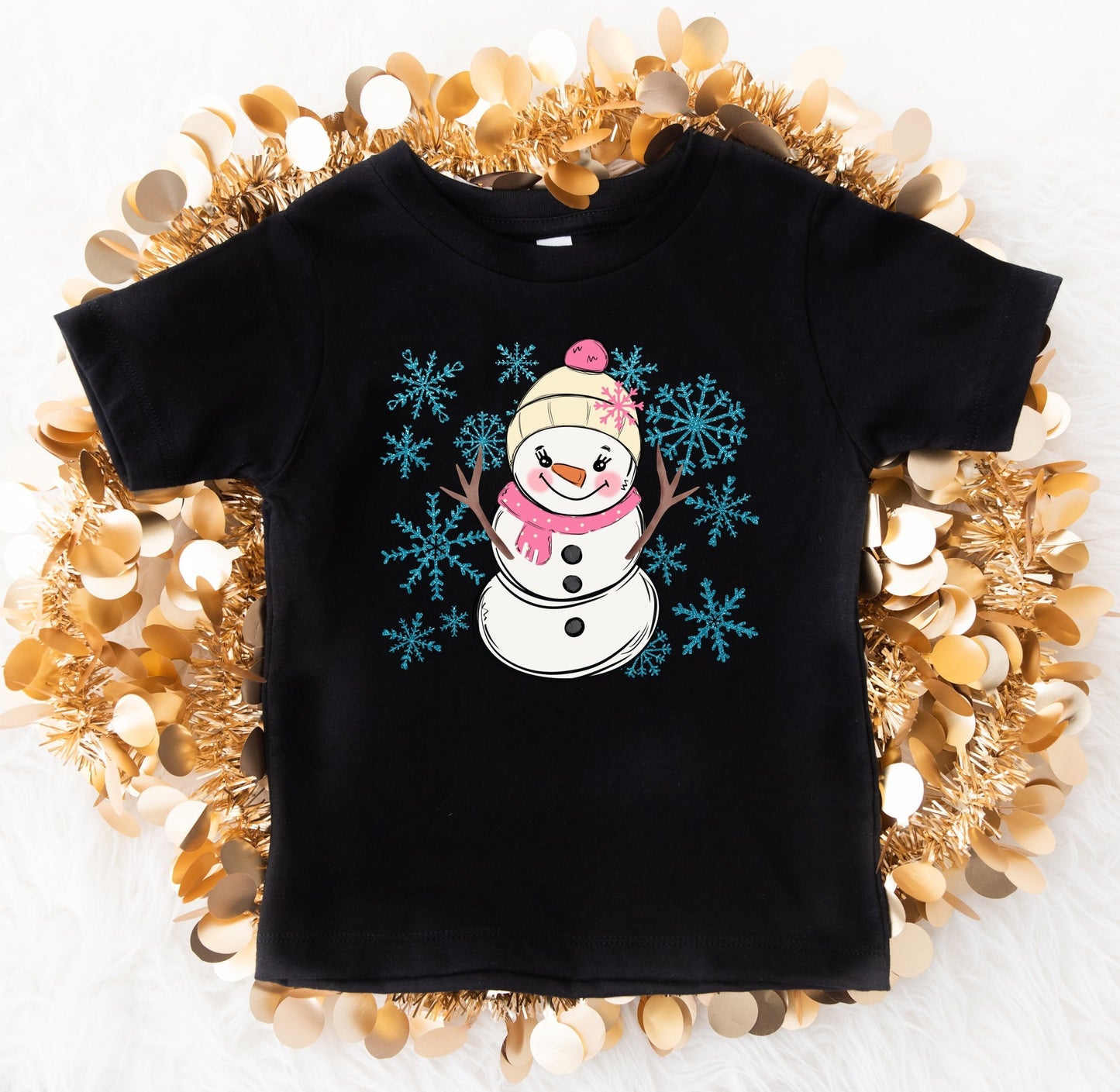 *DTF* Snowman Blue Snowflakes Black Tee